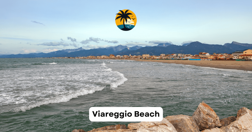 Panoramic view of Viareggio Beach with golden sands and vibrant beach clubs near Florence, Italy.