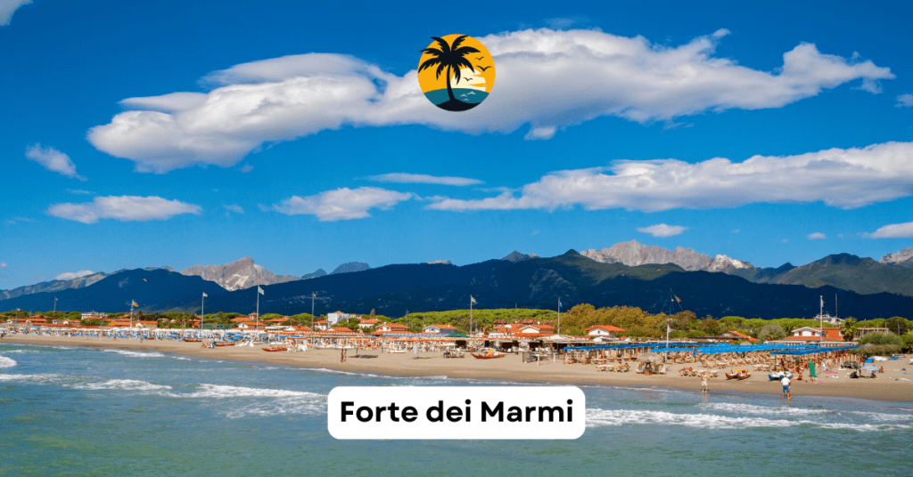 Luxurious Forte dei Marmi beach with sunbeds, umbrellas, and scenic mountain backdrop near Florence, Italy
