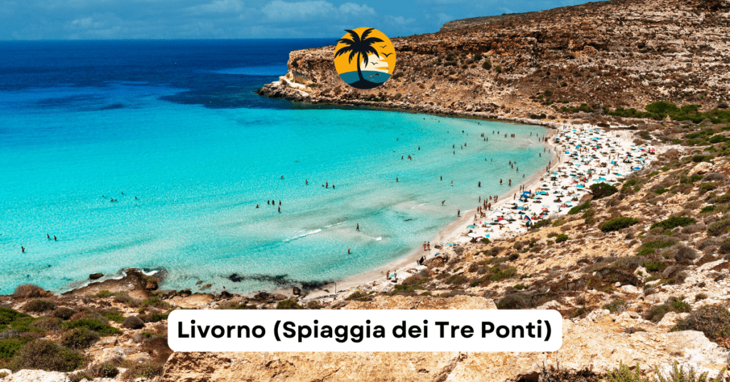 Rocky coastline of Spiaggia dei Tre Ponti in Livorno with crystal-clear waters near Florence, Italy.