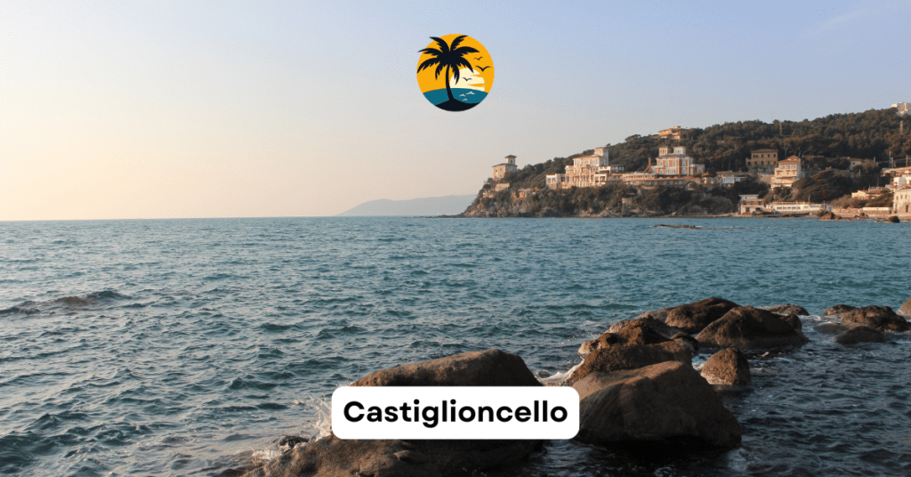 Secluded Castiglioncello beach surrounded by lush greenery and stunning cliffs near Florence, Italy.