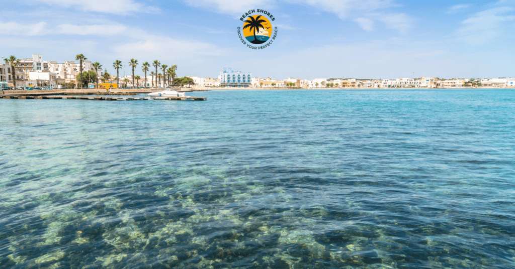 A panoramic view of Porto Cesareo Beaches in Puglia, Italy, showcasing white sandy shores and crystal-clear turquoise waters under a sunny sky.