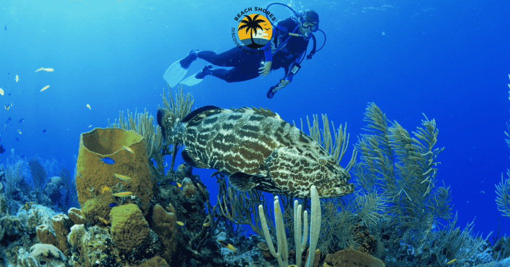 a scuba diver swimming in the water with a grouper fish